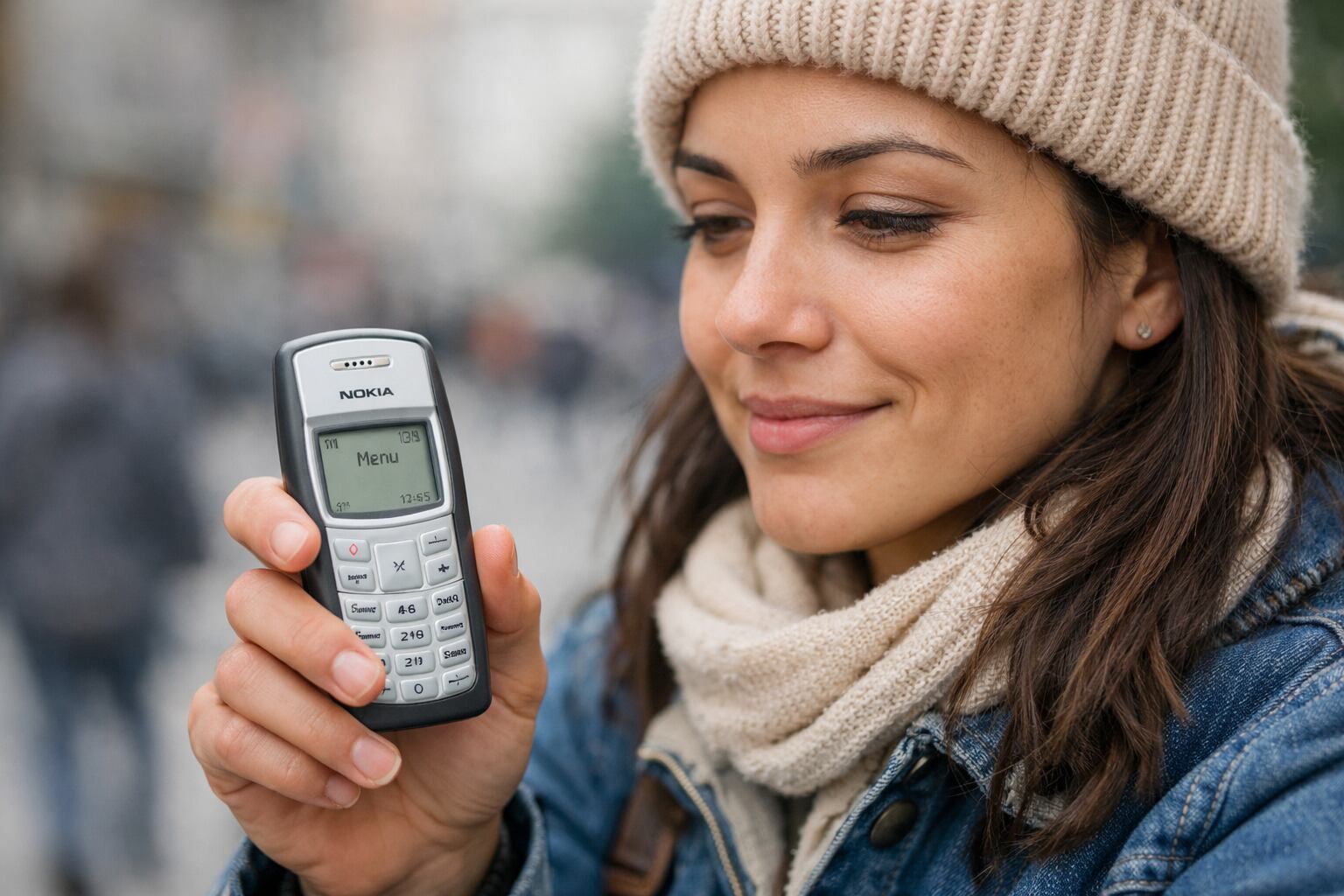 Primer plano de una mujer sonriente con gorro y bufanda, sosteniendo un teléfono Nokia 1100 y mirando su pantalla.