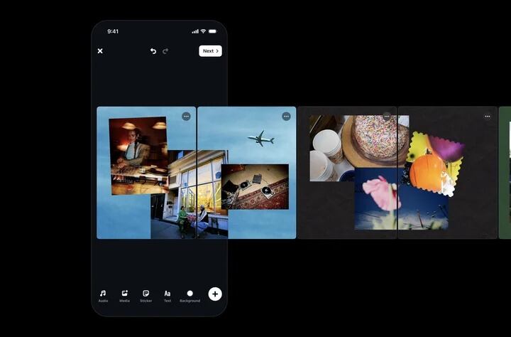 Pantalla de teléfono móvil con una interfaz oscura de edición que incluye opciones de audio, texto y pegatinas junto a
